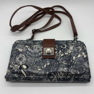 Sakroots Large Cellphone Crossbody Wallet Blue White Paisley Brown Leather Trim